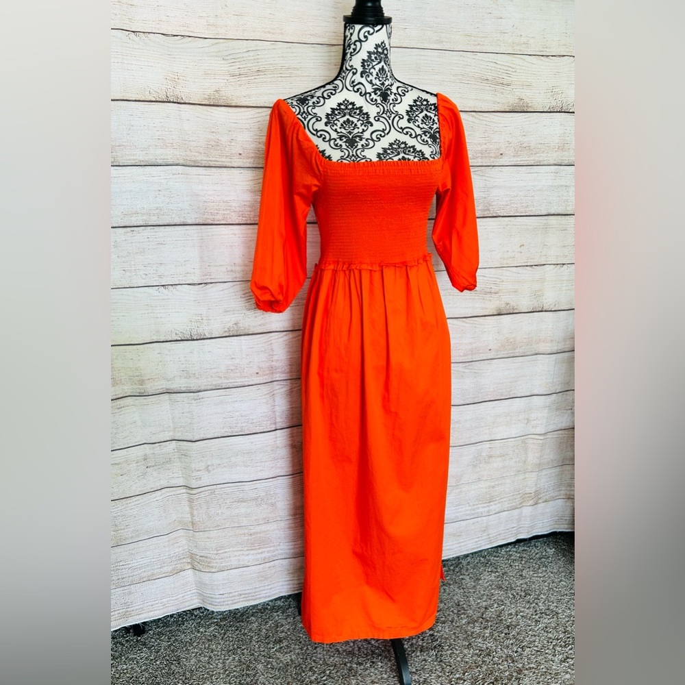 Free Assemble Women’s Orange Red Half Sleeve Smocked Midi Dress Size S NWT